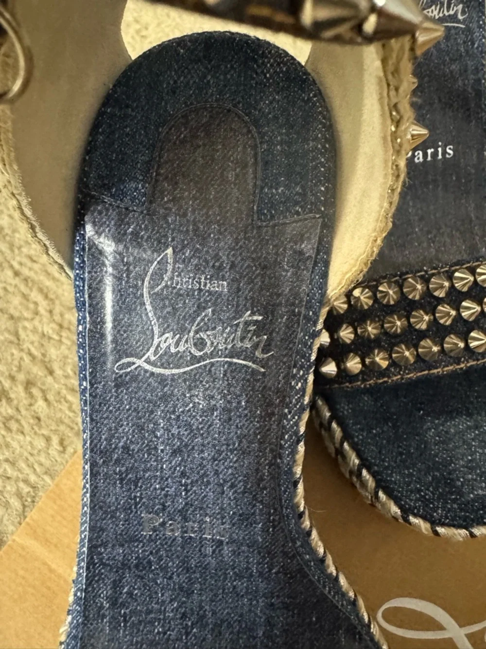 Christian Louboutin 💯% Authentic Denim Studded Espadrille Wedge Sandals -Size 38